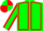 Green body, red seams, green arms, red seams, red cap, green quartered