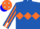 Royal blue,orange diamond hoop,striped sleeves,white cuffs,orange cap, white diamonds,blue peak