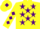 Yellow, purple stars, diamonds on sleeves, yellow cap, purple diamond