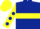 Dark blue, yellow hoop, yellow sleeves, dark blue spots, yellow cap