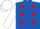 Royal blue, red spots, white sleeves and cap