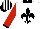 White, black fleur de lys, red sleeves, black collar and cuffs, black and white striped cap