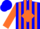Blue, orange diamond belt, orange stripes on sleeves, blue cap