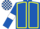 Royal blue, yellow seams, royal blue sleeves, white armlets, white and royal blue check cap