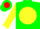 Green, red 'jjg' on yellow ball, red and green hoops on yellow sleeves