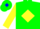Green, black 'tp' on blue framed yellow diamond, blue framed yellow diamond on sleeves