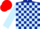 Dark blue & light blue check, light blue sleeves, red cap
