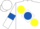 White, large yellow spots, white sleeves, royal blue armlets and diamond on white cap