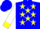 Blue, yellow 'b/b' and yellow stars, yellow stars and cuffs on white sleeves