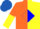 Orange and yellow halves, blue diamond, orange and yellow halved sleeves, royal blue cap