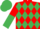 Red, emerald green band of diamonds, halved sleeves, emerald green cap