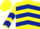 Yellow, dark blue chevrons, yellow sleeves, dark blue chevrons, yellow cap, dark blue hoops