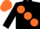 Black, three large orange diagonal spots, black sleeves, orange cap