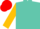Turquoise, old gold sleeves, red cap