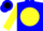 Blue, black 'r' on pink trimmed yellow ball, yellow sleeves