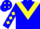 Blue, yellow chevron, diamonds on sleeves and cap, blue peak