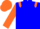 Blue body, orange epaulettes, orange arms, orange cap