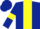 Dark blue body, yellow stripe, dark blue arms, yellow armlets, dark blue cap