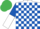 White and royal blue check, royal blue and white halved sleeves, emerald green cap