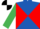 Royal blue and red diabolo, emerald green sleeves, black and white quartered cap