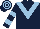 Dark blue, light blue chevron, hooped sleeves and cap