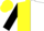 Yellow and white halved horizontally, black sleeves, yellow cap