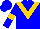 Blue, gold 'v', gold band on sleeves