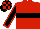 Red, black hoop and sleeves, red seams and cuffs, checked cap