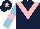 Dark blue, pink chevron, light blue sleeves, pink armlets, dark blue cap, pink star