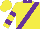 Yellow, purple sash, collar and 'd' purple hoops on sleeves