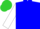 Blue, white circled 'mjs', lime bars on white sleeves, lime cap