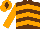 Brown & orange chevrons, orange sleeves, orange cap, brown diamond
