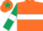 Orange, white hoop, dark green sleeves, white armlets, orange cap, dark green star
