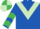 Royal blue, light green chevron, light green & emerald green chevrons on sleeves, quartered cap