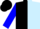 Black and light blue halved vertically, blue sleeves, black cap