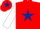 Red, dark blue star, white sleeves, red cap, dark blue star