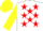 White, red stars, yellow sleeves and cap