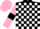 Black and white check, pink sleeves, black armlets, pink cap