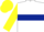 White, dark blue hoop, yellow sleeves and cap