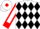 White, black band of diamonds, white sleeves, red seams and cuffs, red and white checked diamond cap