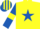 Yellow, royal blue star, royal blue sleeves, yellow armlets, yellow and royal blue striped cap