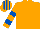 Orange, royal blue hooped sleeves, striped cap
