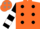 Orange, black spots, black and white hooped sleeves, dark blue cap, grey stars