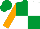 Emerald green and white (quartered), orange sleeves, emerald green cap