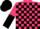 Cerise, black yoke, black blocks on sleeves, cerise and black halved cap