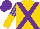Gold, purple cross sashes, purple stripes on sleeves, purple and gold halved cap