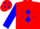 Red, red 'cvb' on blue diamond, red diamonds on blue sleeves