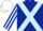 Dark blue, light blue cross sashes, striped sleeves, white cap