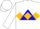 White, gold key on blue triangle, gold diamond belt, gold diamond band on sleeves, white cap