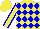 Yellow body, blue diamonds, yellow arms, blue seams, yellow cap